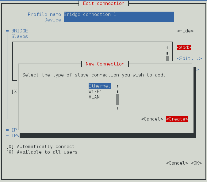 NetworkManager 텍스트 사용자 인터페이스 추가 새로운 Bridge Slave Connection 메뉴