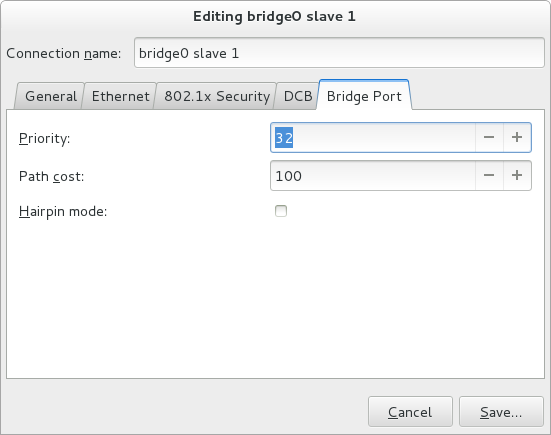 NetworkManager 그래픽 사용자 인터페이스 브리지 포트 탭