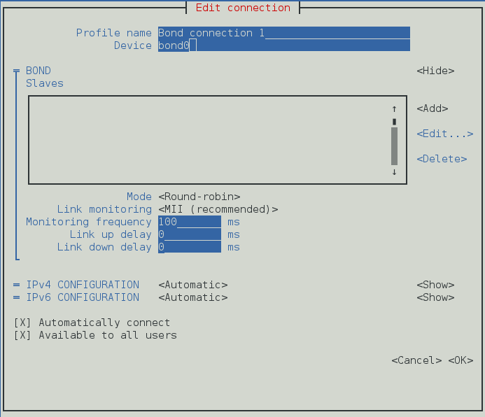NetworkManager 文本用户界面的配置绑定连接菜单