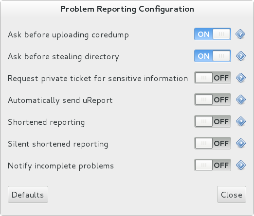 A screenshot of a configuration window in the ABRT GUI application.