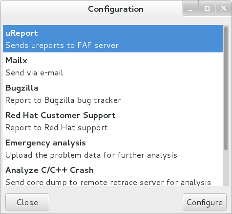 A screenshot of a configuration window in the ABRT GUI application.