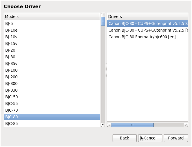 Selecting a Printer Model with a Driver Menu
