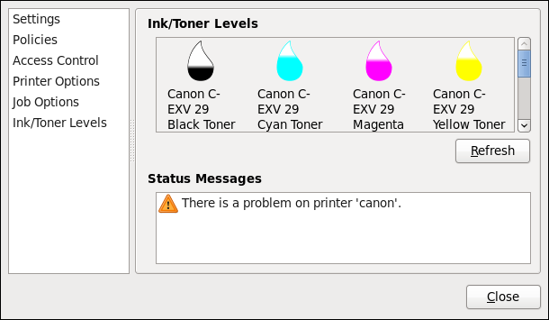 Ink/Toner Levels 페이지