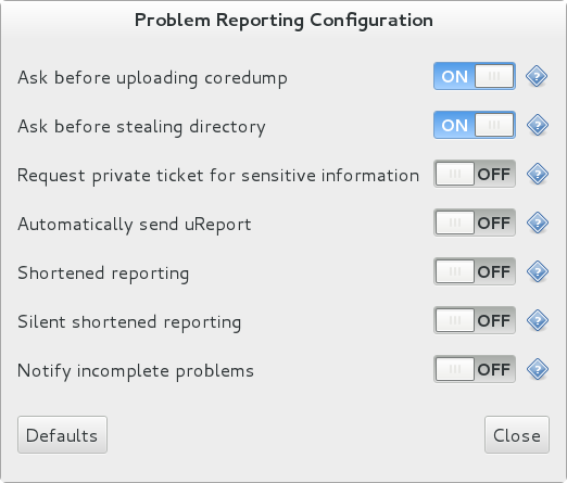 ABRT GUI 应用程序中配置窗口的屏幕截图。