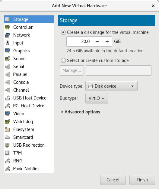 The Add new virtual hardware wizard Storage window, with "Create a disk image on the computer's hard drive" selected.