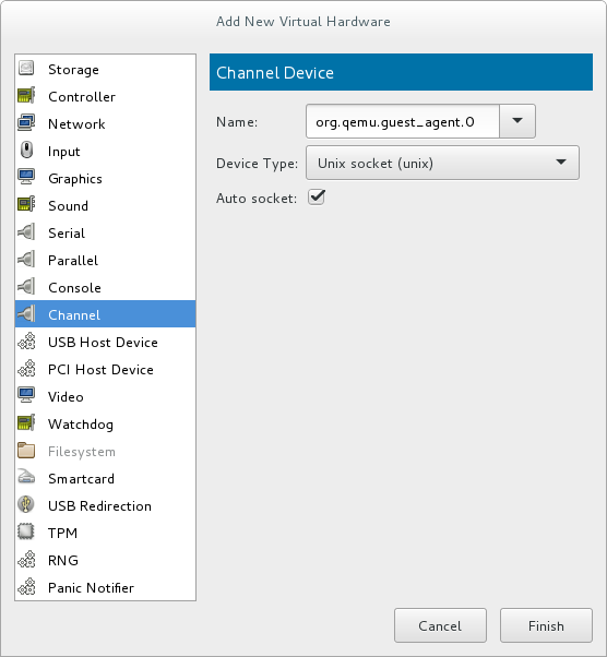 Selecting the QEMU guest agent channel device