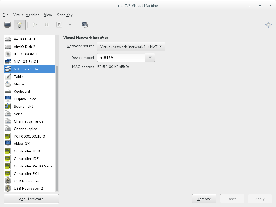 New network shown in guest hardware list