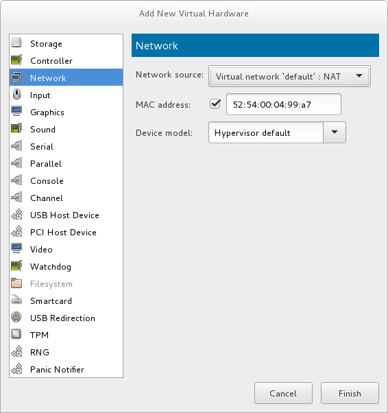 Select your network from the Add new virtual hardware window