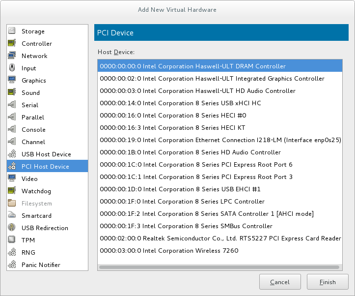 The Add new virtual hardware wizard with PCI Host Device selected on the left menu pane, showing a list of host devices for selection in the right menu pane.