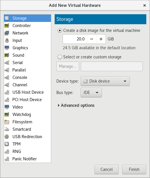 Add new virtual hardware wizard with Storage がハードウェアタイプに選択されている。