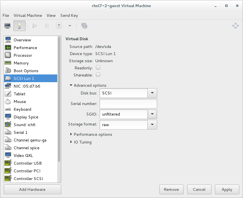 virt-manager를 사용하여 SCSI LUN 스토리지 구성