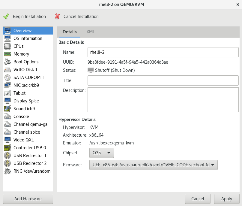 The configure hardware window