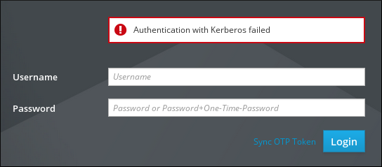 IdM 웹 UI의 스크린샷은 빈 Username 및 Password 필드 위에 오류를 표시합니다. "Authentication with Kerberos failed"라는 오류 메시지가 표시됩니다.