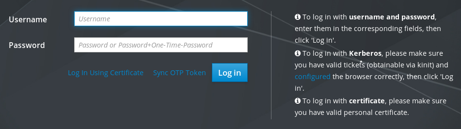 Screenshot of the IdM Web UI accessed within a web browser displaying a "Username" field and a "Password" field. There is a blue "Log in" button below and to the right of those two fields.