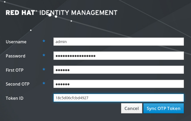 A screenshot of the screen to change the OTP token. The "Username" field has been filled in with "admin". The password in the "Password" field has been obfuscated with solid circles. The "First OTP" and "Second OTP" fields also have their 6-character entries obfuscated. The last field is labeled "Token ID" and has 16 hexadecimal characters such as "18c5d06cfcbd4927". There are "Cancel" and "Sync OTP Token" buttons at the bottom right.