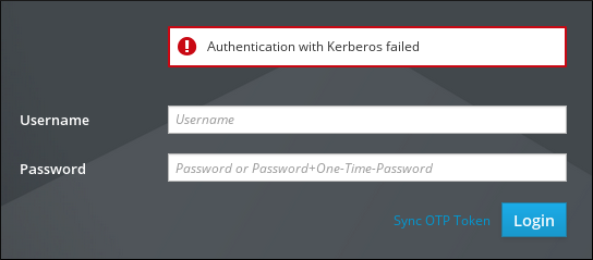 IdM Web UI 登录屏幕截图，在空 Username 和 Password 字段上方显示了一个错误。错误消息显示"Authentication with Kerberos failed"。