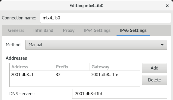 infiniband IPv6 settings nm connection editor