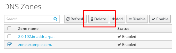 A screenshot of the "DNS Zones" page. A table displays DNS Zones organized by their "Zone name" and "Status." The checkbox next to the second entry of "zone.example.com." is checked and the "Delete" button at the top is highlighted.