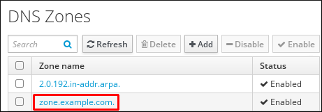 A screenshot highlighting an entry for a DNS zone displayed on the left side of the DNS Zones page