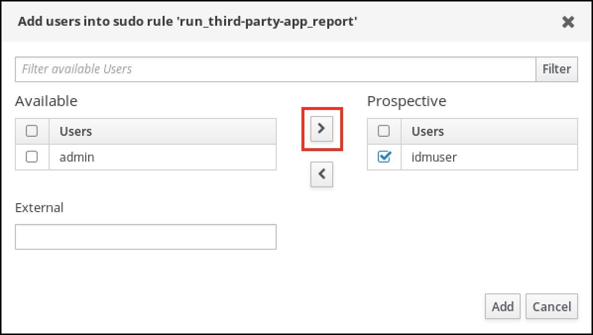 A screenshot of a pop-up window labeled "Add users into sudo rule." You can select users from an Available list on the left and move them to a Prospective column on the right. The lower-right of the window has two buttons: "Add" - "Cancel".