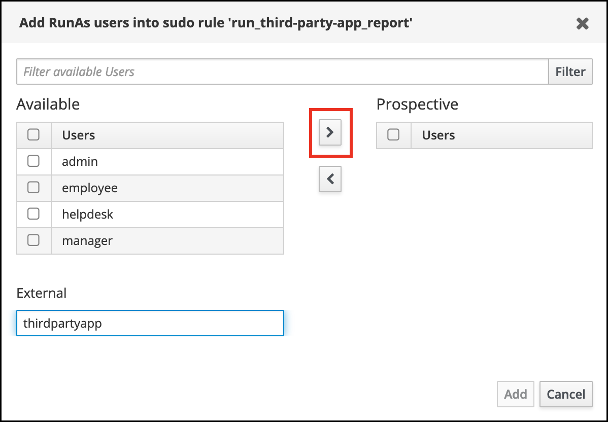 A screenshot of a dialog box where you can specify the "thirdpartyapp" service account as an external user.