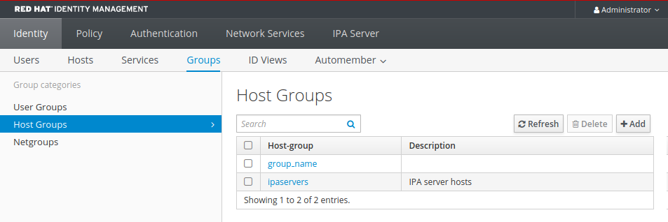 A screenshot of the IdM Web UI displaying the "Host Groups" page which is part of the "Groups" sub-page from the "Identity" tab. There is a search field above a table listing host groups.