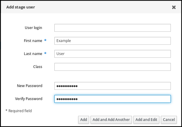 Screenshot of the "Add stage user" pop-up window with the "New Password" the "Verify Password" fields filled in. The "Add" button is at the bottom left.