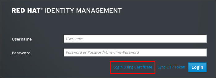 Screenshot of the Identity Management Web UI login page highlighting the "Login Using Certificate" button below the password prompt