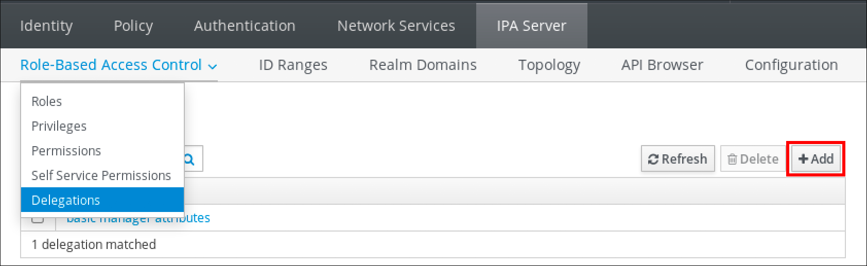 A screenshot of the IdM Web UI displaying contents of the "Role-Based Access Control" drop-down submenu from the "IPA Server" tab. There are five options in the "Role-Based Access Control" drop-down menu: Roles - Privileges - Permissions - Self Service Permissions - Delegations.