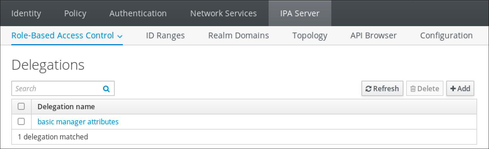 A screenshot of the IdM Web UI displaying the "Delegations" page from the "Role-Based Access Control" submenu of the "IPA Server" tab. There is a table displaying Delegations organized by their "Delegation name."