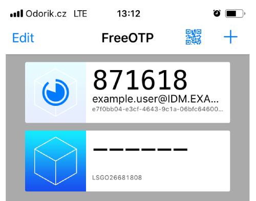 Screenshot of the FreeOTP application from a mobile telephone displaying two entries for OTP tokens. The first OTP token is for the example.user@IDM.EXAMPLE.COM domain and its entry displays a 6-digit OTP while its timer is running out.