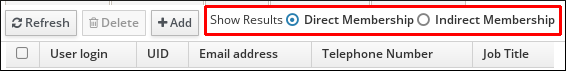 A screenshot showing radial buttons next to the "Direct Membership" and "Indirect Membership" options next to "Show Results."