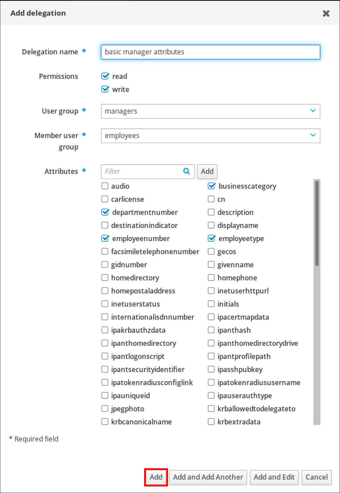 A screenshot of the "Add delegation" pop-up window where you can enter details for a delegation. The entry options include a text field for the Delegation name and checkboxes for "read" and "write" permissions. There is also a drop-down menu for the User group - a drop-down menu for the Member user group - and many checkboxes for Attributes (such as departmentnumber - employeenumber - businesscategory - employeetype).