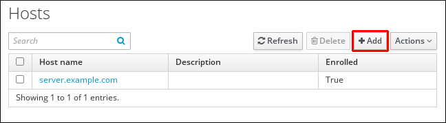 IdM Web UI のスクリーンショット。ホストページの右上にある Add ボタンが強調表示されています。
