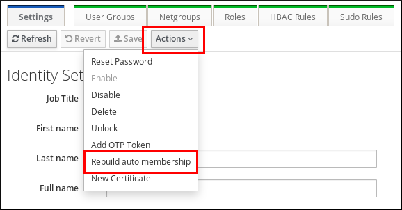 A screenshot highlighting the "Rebuild auto membership" option among many others in the contents of the "Actions" drop-down menu.
