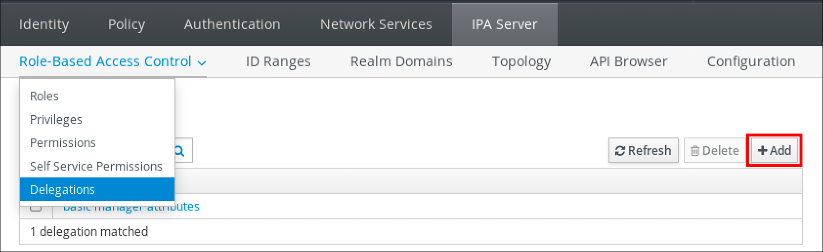 IdM Web UI のスクリーンショット。"IPA Server" タブの "Role-Based Access Control" ドロップダウンサブメニューの内容が表示されています。ロールベースのアクセス制御ドロップダウンメニューには、Roles - Privileges - Permissions - Self Service Permissions - Delegations の 5 つのオプションがあります。