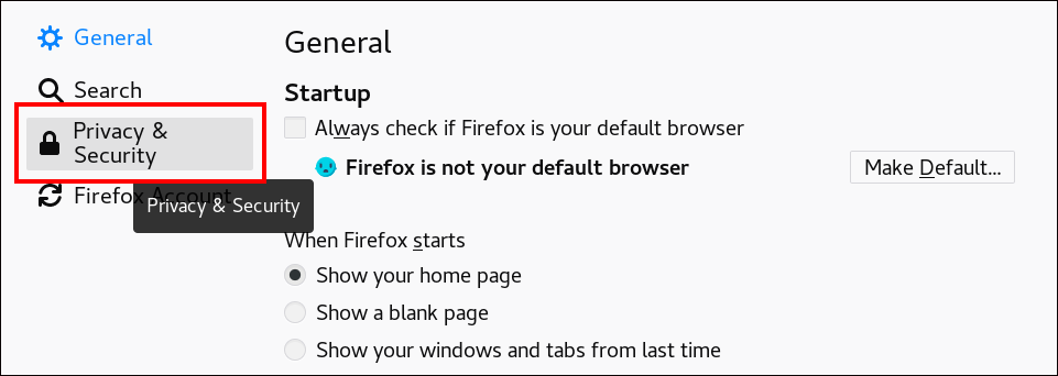 Firefox 設定ページのスクリーンショット。そのスクリーンショットで Privacy & Security オプションが強調表示されています。