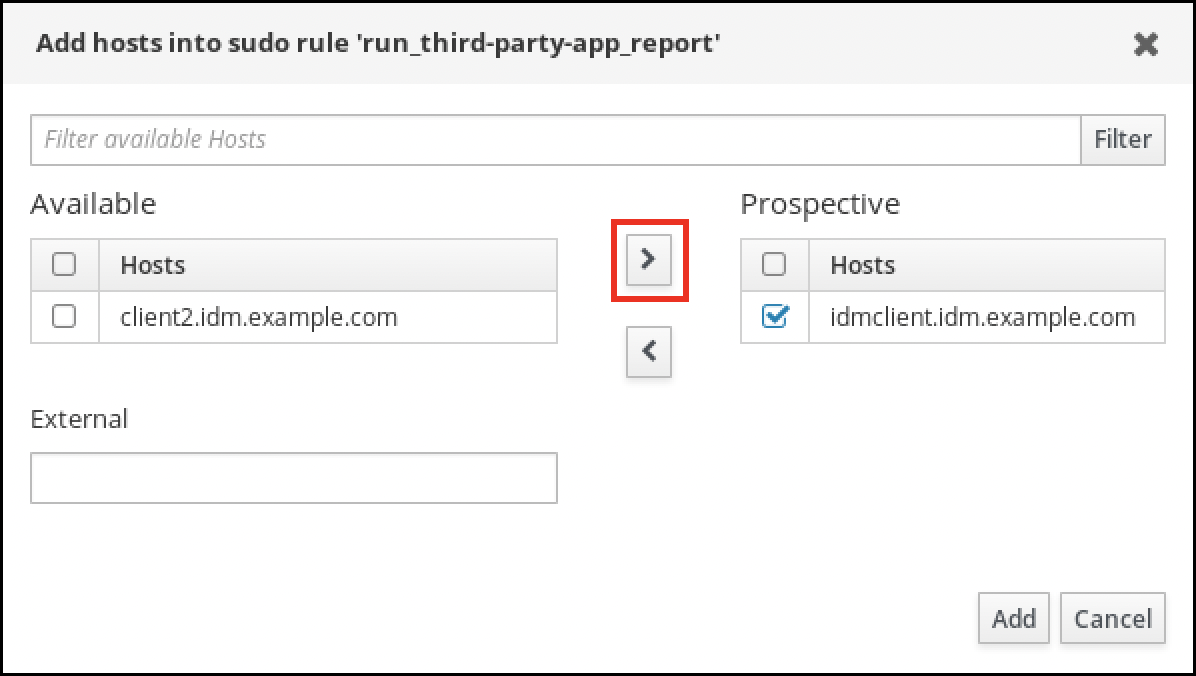 "Add hosts into sudo rule" というラベルが付いたポップアップウィンドウのスクリーンショット。左側の Available リストからホストを選択し、これらを右側の Prospective 列に移動できます。ウィンドウの右下には、"Add" - "Cancel" の 2 つのボタンがあります。