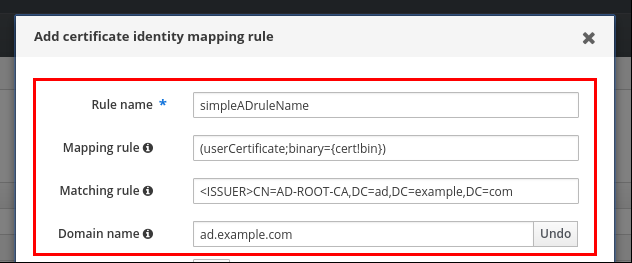 Rule name (必須) - Mapping rule - Matching rule のフィールドに入力済みの Add Certificate Identity Mapping Rule ポップアップウィンドウのスクリーンショット。"Priority" のフィールドは空白で、"Domain name" のラベルの横に Add ボタンがあります。