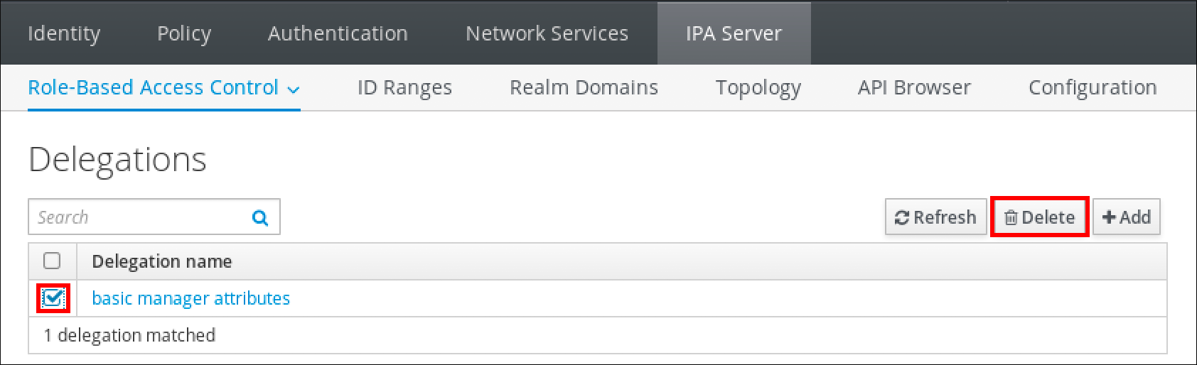 "IPA 서버" 탭의 "Role-Based Access Control" 하위 메뉴의 스크린샷입니다. "Delegations" 페이지에 위임 이름이 있는 테이블과 "basic manager attributes" 항목의 확인란이 선택되어 있습니다. "Delete"(삭제) 버튼이 강조 표시되었습니다.