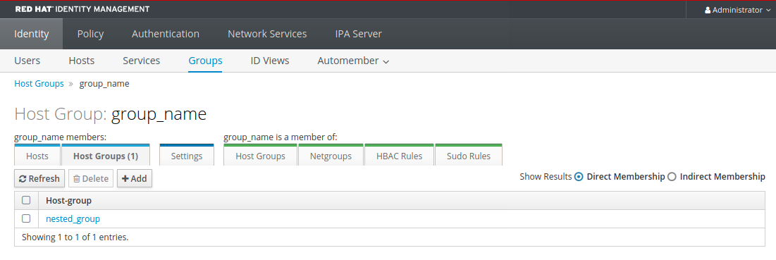 A screenshot of the "Groups" page displaying details about the "group_name" host group.