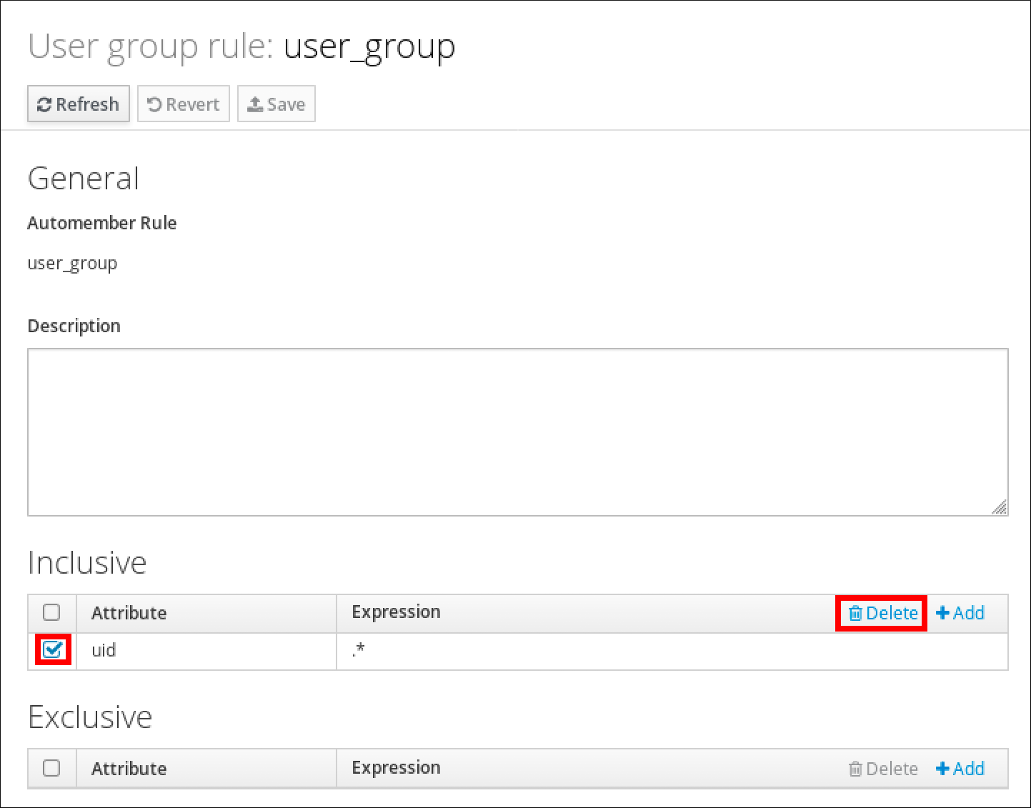 "User group rule" 페이지의 스크린샷은 "user_group"에 대한 정보를 표시합니다. "Inclusive"(통합) 섹션의 항목이 선택되어 있으며 "Inclusive"(통합) 섹션과 관련된 "Delete"(삭제) 버튼이 강조 표시됩니다.