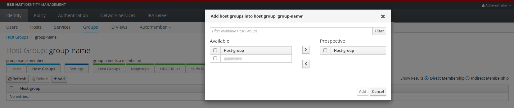 Screenshot of the "Add host groups into host group group-name" pop-up window which lets you select from "Available host groups" on the left to add to a "Prospective" list on the right. There is an "Add" button at the bottom-right of the window.