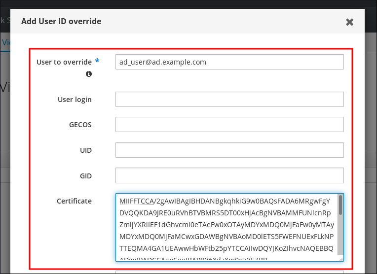 다음 필드가 있는 "Add User ID override" 팝업 창을 표시하는 스크린샷: 재정의할 사용자(필요함) - 사용자 로그인 - GECOS - UID - GID - 인증서(인증서의 일반 텍스트 버전으로 입력됨).