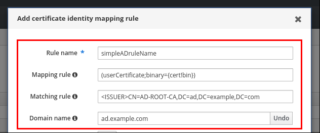 다음 필드가 포함된 "Add Certificate Identity Mapping Rule(인증서 ID 매핑 규칙 추가)" 팝업 창의 스크린샷입니다. 규칙 이름(필수) - 매핑 규칙 - 일치 규칙. Priority 필드는 비어 있으며 "도메인 이름" 라벨 옆에 "추가" 버튼도 있습니다.