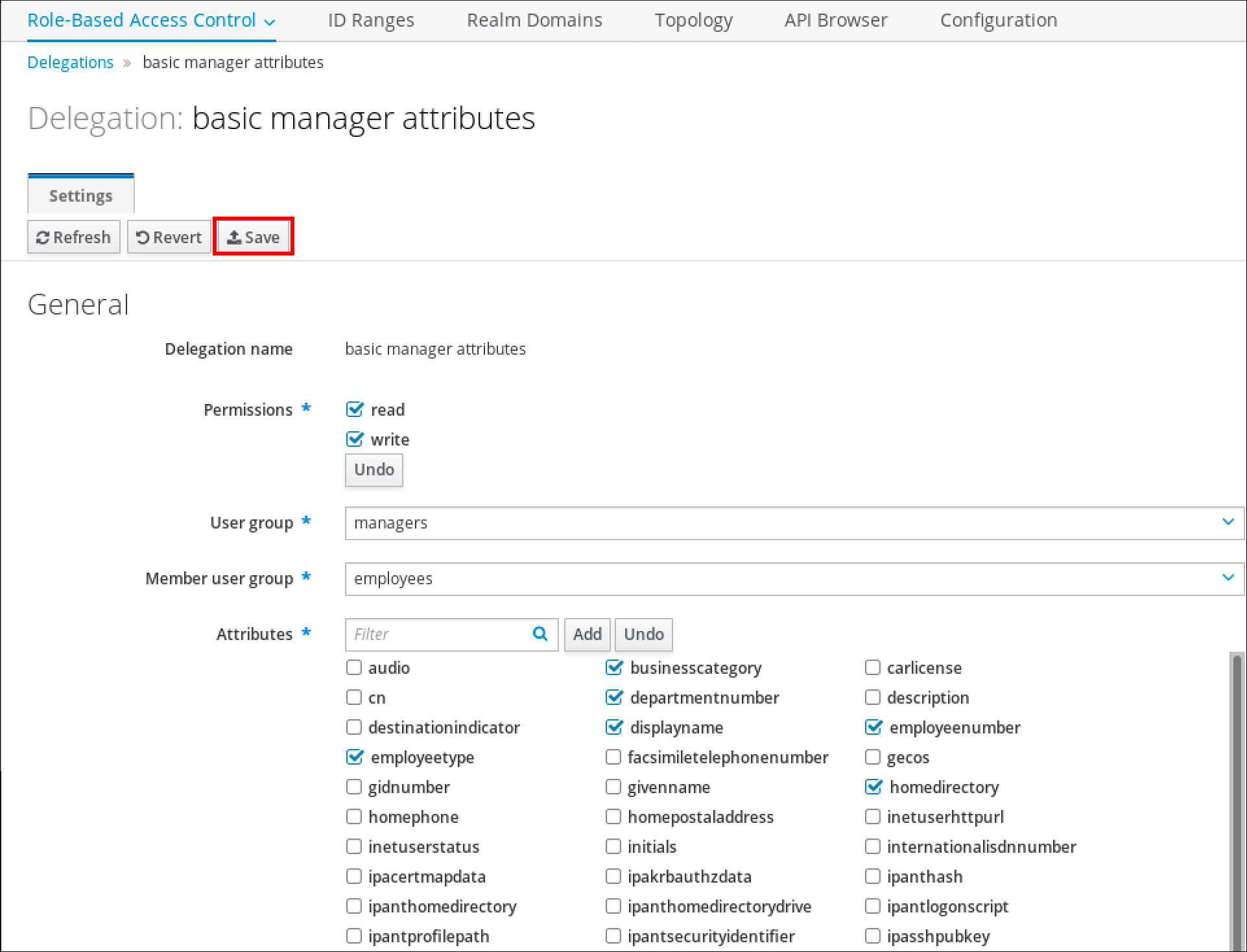 委派页面显示"basic manager attributes"委派的详细信息，如委派名称 - 权限（必需的，如"读"和"写"） - 用户组（必需的，如"managers"） - 成员用户组（必需的，如"employees"）和属性（必需的，如 employeetype - businesscategory - departmentnumber - displayname - employeenumber - homedirectory）。左上角的"save"按钮高亮显示。