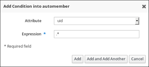 "Add Condition into automember"弹出窗口的截图显示了 Attribute（选择了uid）以及相应的"Expression"的字段（必需的，已输入 .*）的下拉菜单。"Add"按钮位于窗口的底部。