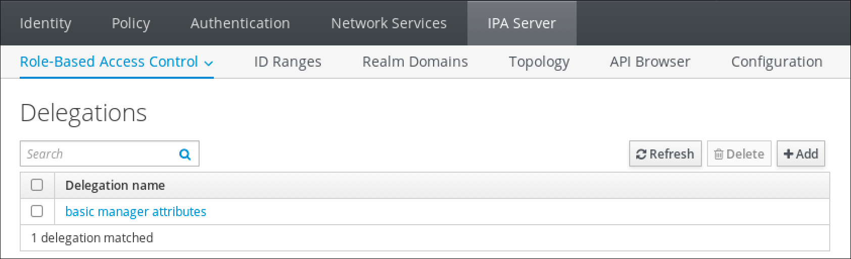 IdM Web UI 的屏幕截图，显示了"IPA Server"选项卡的"Role-Based Access Control"子菜单中的"Delegations"页面。有一个表显示了按其"Delegation name"组织的委派。