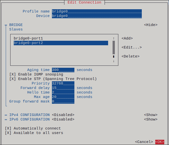 nmtui bridge no IP