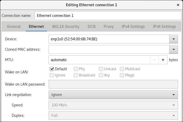 configuración de la conexión ethernet